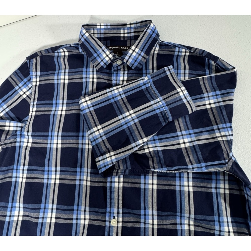 Michael Kors Navy Blue  Cotton Button Down Shirt‎ Sz L Office Casual Cabin Core
